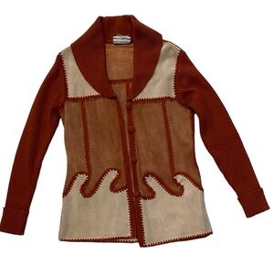 Vintage Dawn International Suede Leather Knit Sleeve Western Boho Sweater Jacket